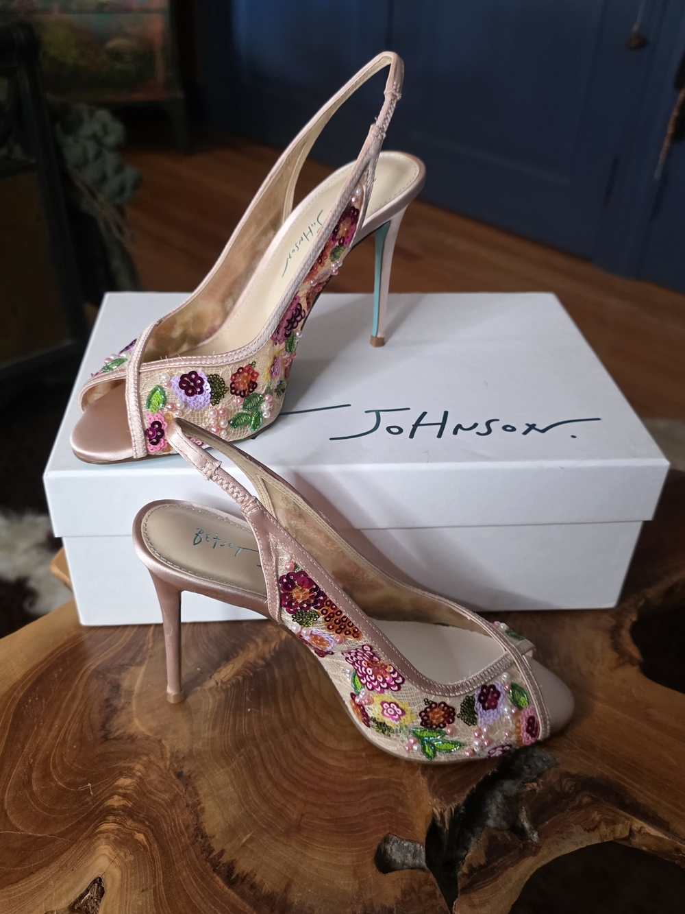 Betsey Johnson Pink Floral Sequin Slingback Heels
